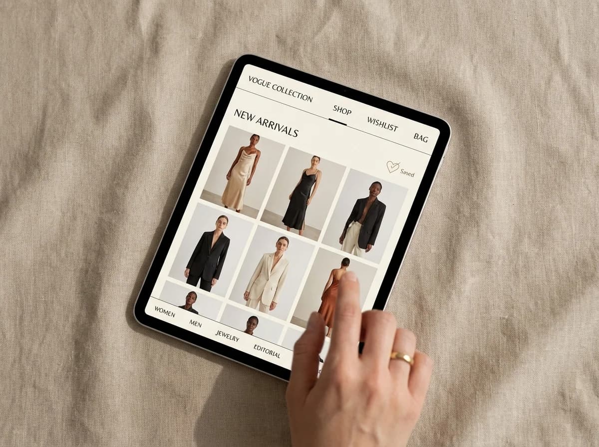 Application e-commerce mode luxe sur iPad : catalogue produits et navigation élégante, développée par DKDP Genève