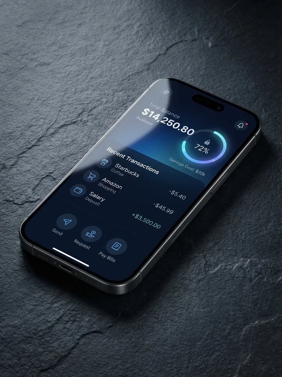 Application fintech bancaire sur iPhone : solde, historique transactions et virements, développée par DKDP Genève