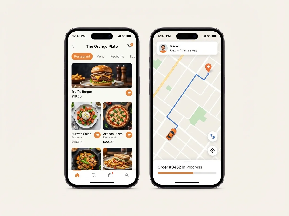 Application livraison de repas sur iPhone : menu restaurant, suivi commande en temps réel, développée par DKDP