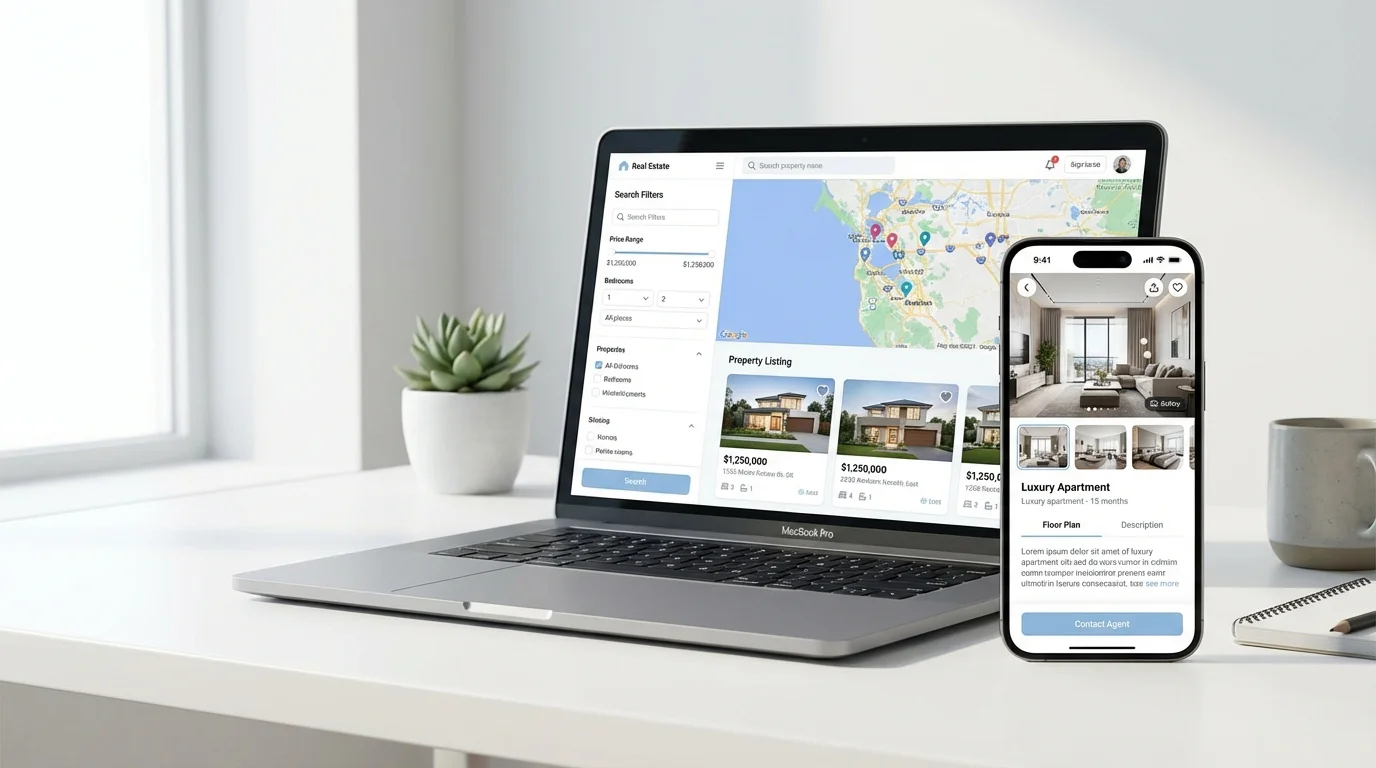 Application immobilière responsive MacBook et iPhone : carte annonces, fiches biens et contact agent, développée par DKDP
