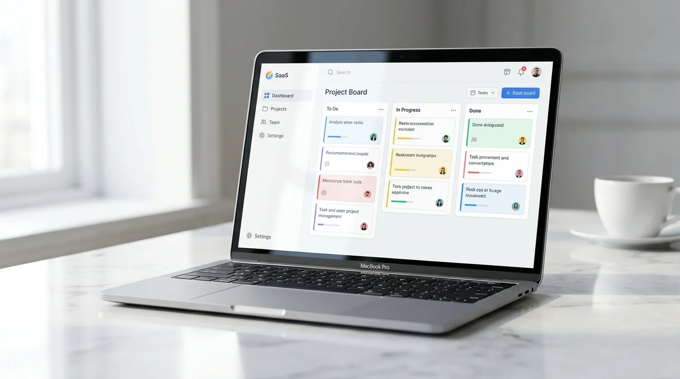Dashboard SaaS gestion de projet sur MacBook : kanban, suivi équipe et tableaux de bord, développé par DKDP Genève