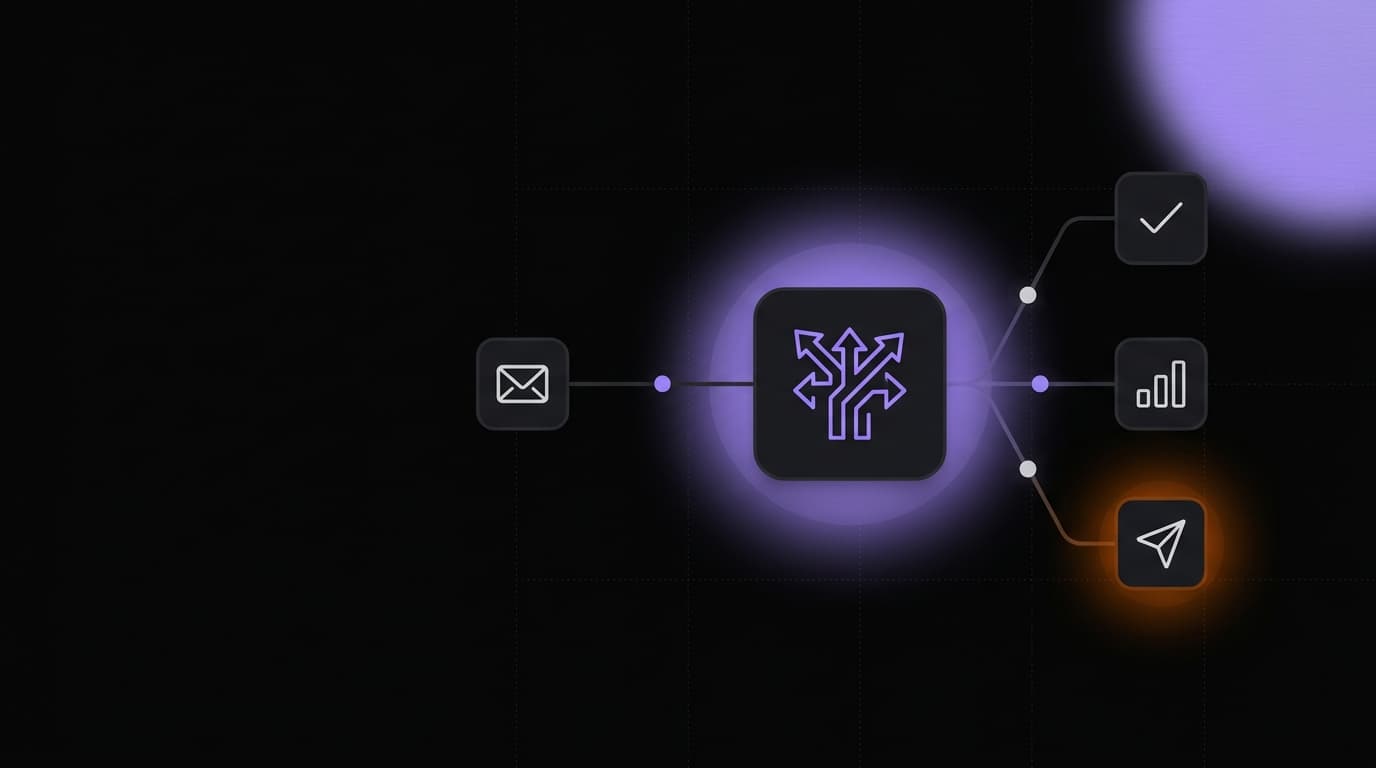 Agent IA sur mesure : workflow automatisé reliant une demande entrante, la décision de l'agent et l'action exécutée dans vos outils métier
