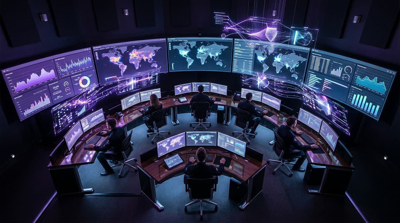 Audit digital 360 pour PME : salle de commande avec ecrans analytiques SEO, performance, UX et sécurité