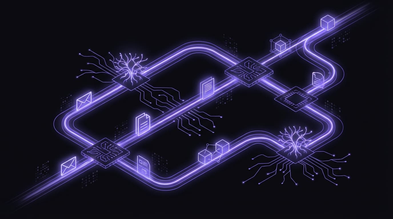 Pipeline automatisation IA PME Suisse 2026 : flux de données intelligent avec noeuds de traitement IA pour emails, documents et CRM