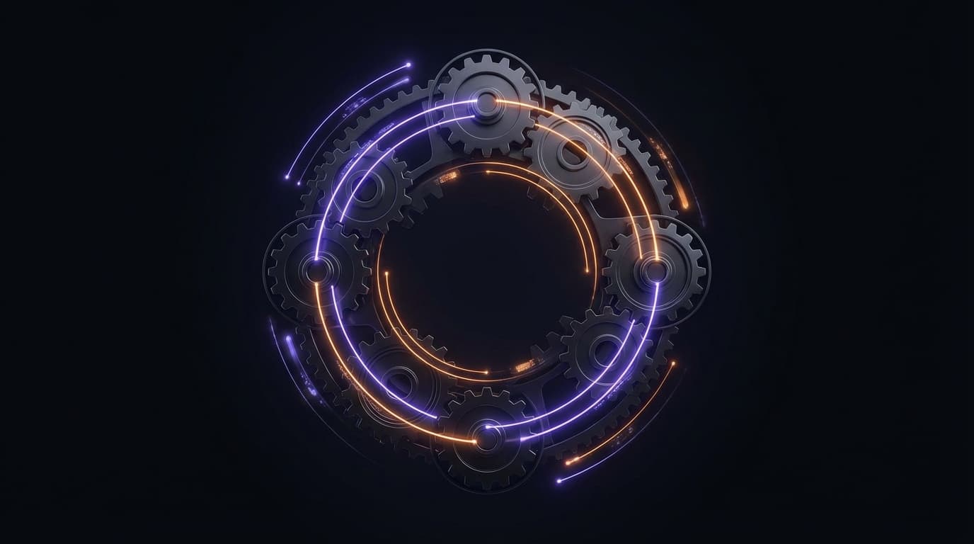 Automatisation PME Suisse 2026 : cycle de productivité avec engrenages connectes et flux de données automatises