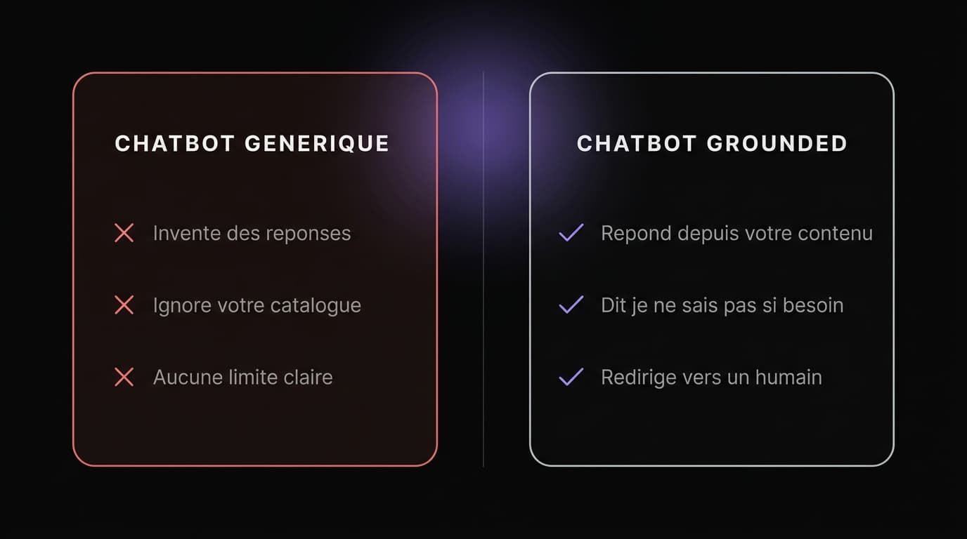 Chatbot IA grounded pour PME : comparaison entre un chatbot générique qui invente des réponses et un chatbot grounded DKDP qui répond uniquement depuis le contenu de l'entreprise, Genève 2026