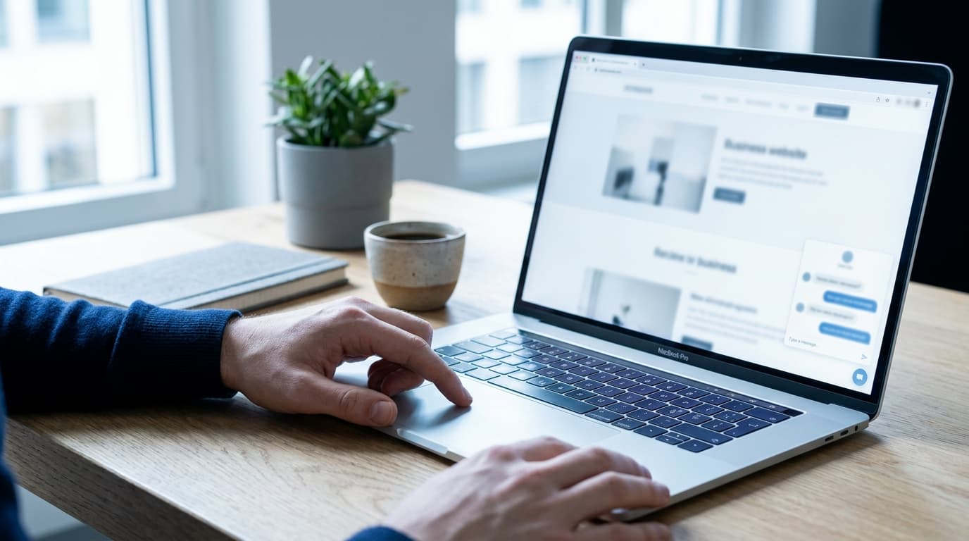 Chatbot IA pour PME à Genève 2026 : widget de conversation intégré sur le site web d'une entreprise, vu depuis un poste de travail