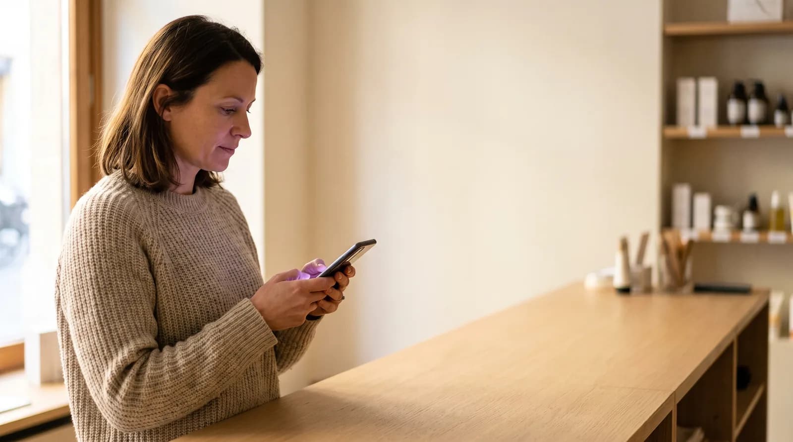 ChatGPT Ads Suisse romande 2026 : commerçante genevoise qui consulte les résultats de sa campagne publicitaire ChatGPT sur son téléphone, dans sa boutique de la vieille ville