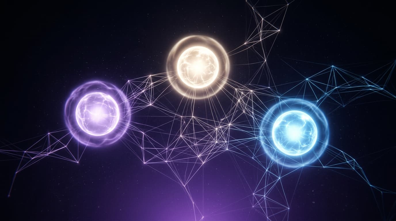 Comparatif ChatGPT Claude Copilot pour PME en 2026 : trois assistants IA representes par des orbes connectes