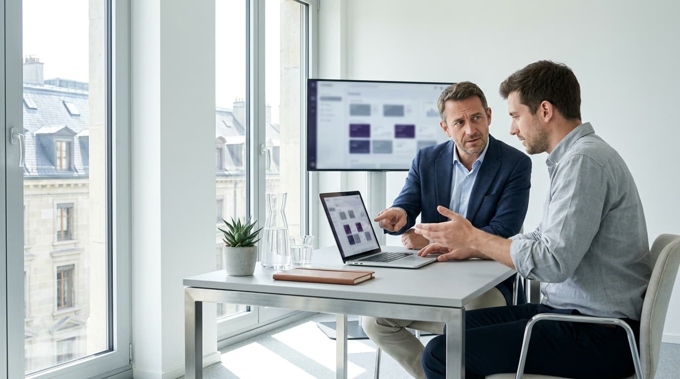 Agence IA Genève : entretien entre un dirigeant de PME et un consultant en intelligence artificielle pour évaluer un projet