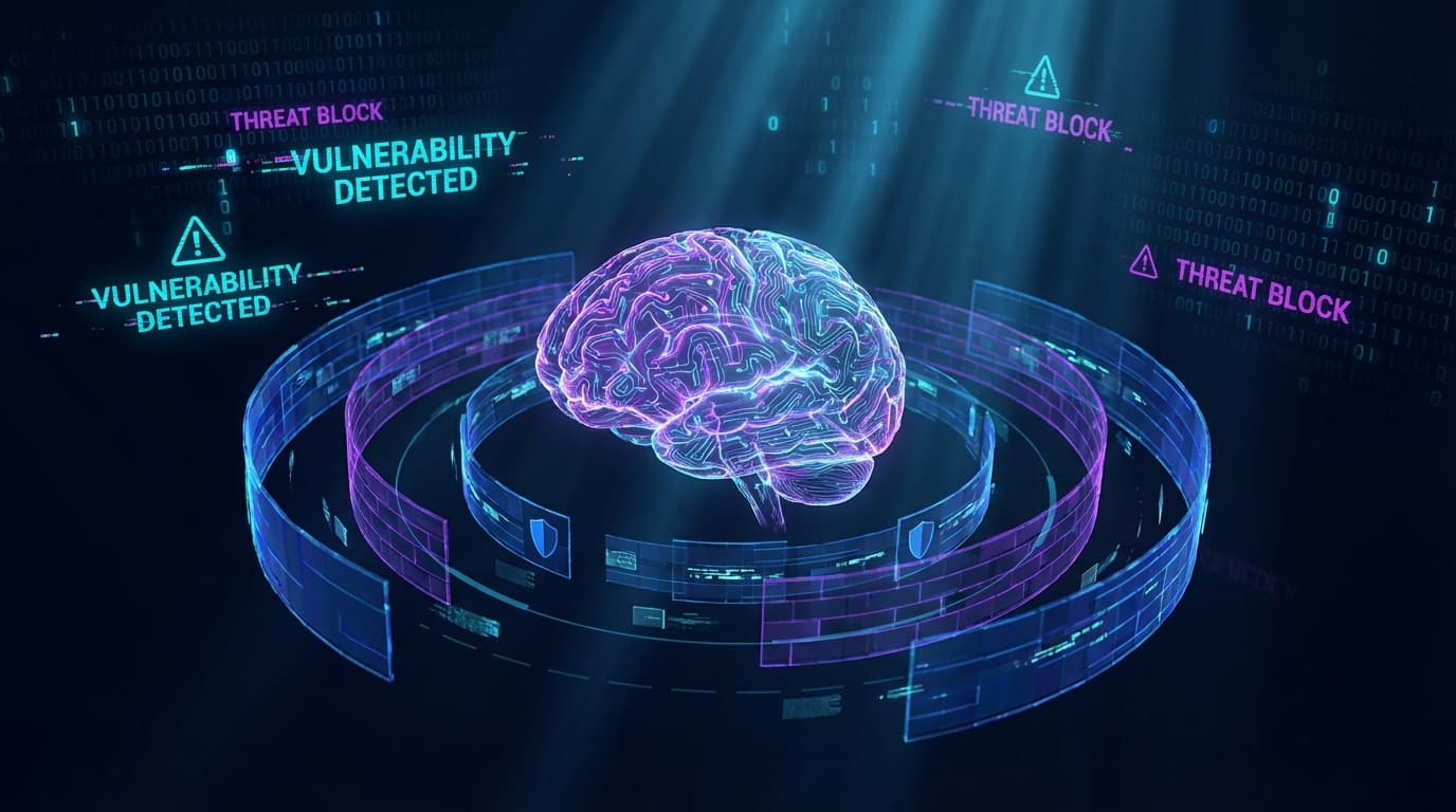 Claude Mythos cybersecurite IA 2026 : reseau neuronal IA avec boucliers numeriques et visualisation de vulnerabilites