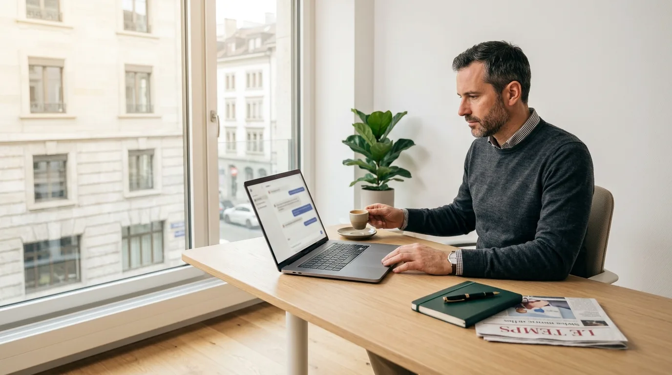 Claude IA pour TPE et PME romandes : dirigeant suisse qui travaille avec Claude sur un ordinateur portable dans un bureau genevois