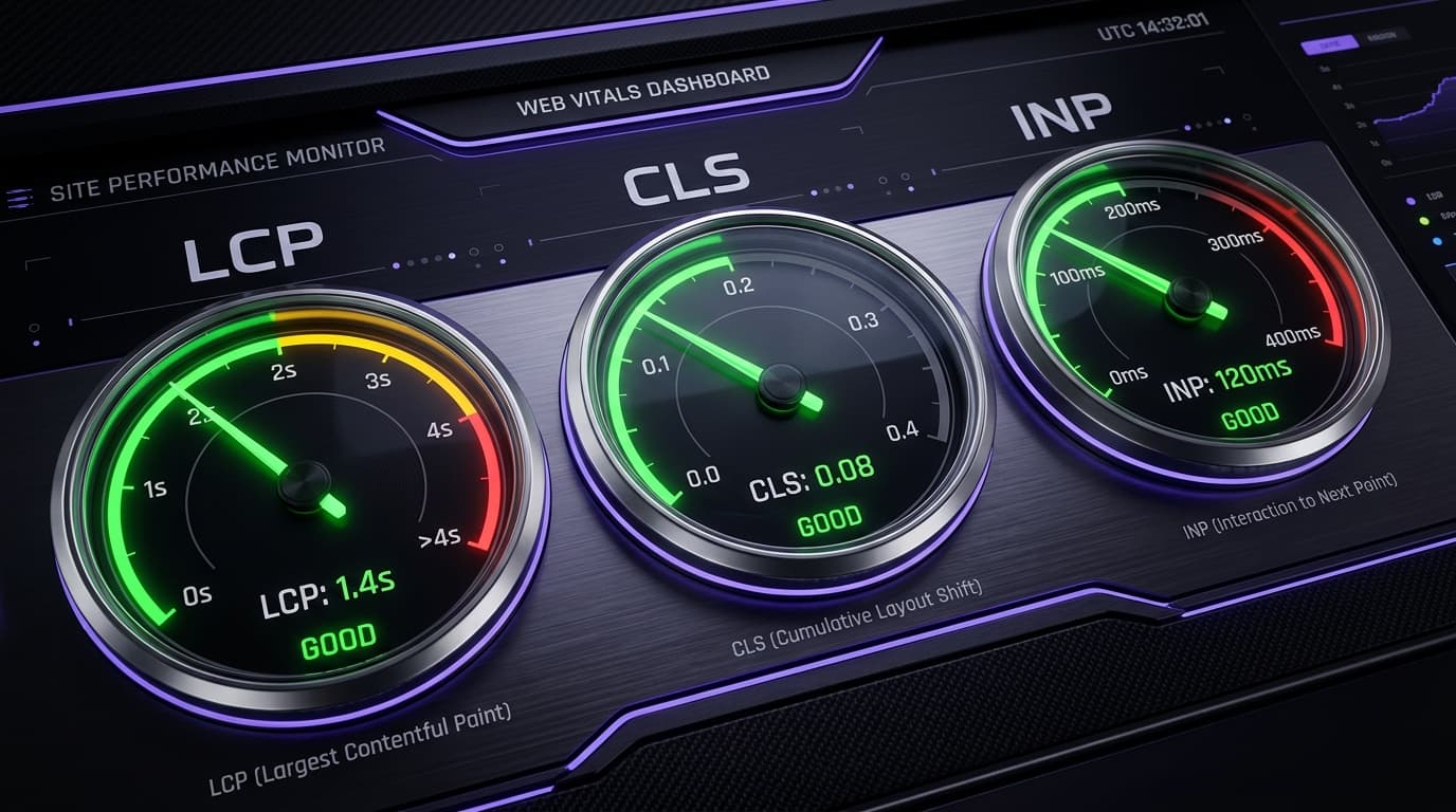 Core Web Vitals 2026 : dashboard performance web avec jauges LCP, CLS et INP pour optimisation SEO