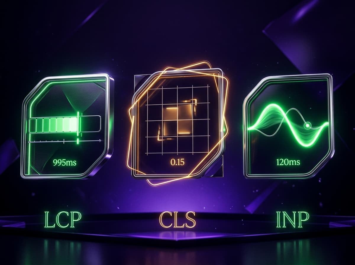 Metriques Core Web Vitals expliquees : LCP temps de chargement, CLS stabilite visuelle, INP reactivite