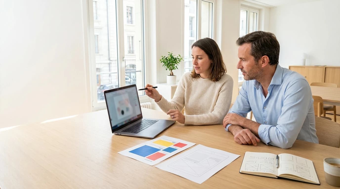 Figma ou Canva : deux collaborateurs d'une PME genevoise comparent un visuel fini et une maquette filaire pour choisir leur logiciel graphique en 2026
