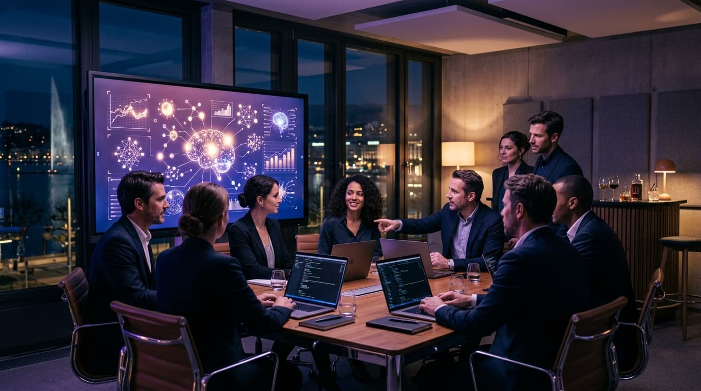 Formation IA entreprise Geneve 2026 : seance pratique avec collaborateurs sur ordinateurs portables et outils IA