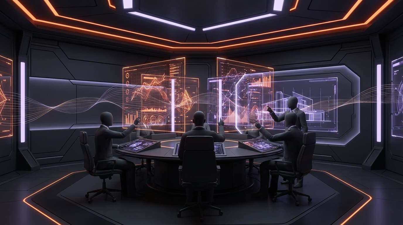 Formation IA entreprise Geneve 2026 : parcours de formation avec interfaces IA et collaborateurs en salle futuriste