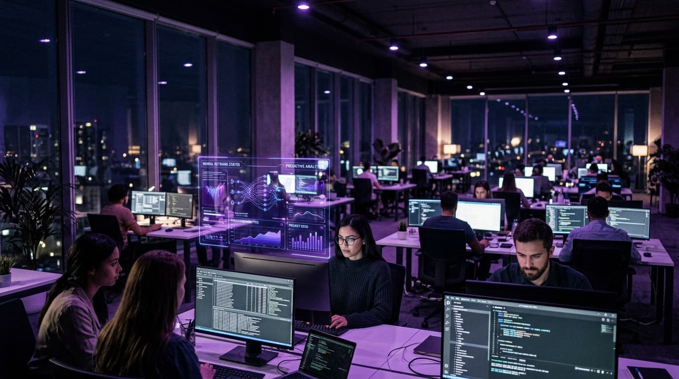Formation IA entreprise ROI 2026 : équipe en formation devant des interfaces IA dans un bureau moderne