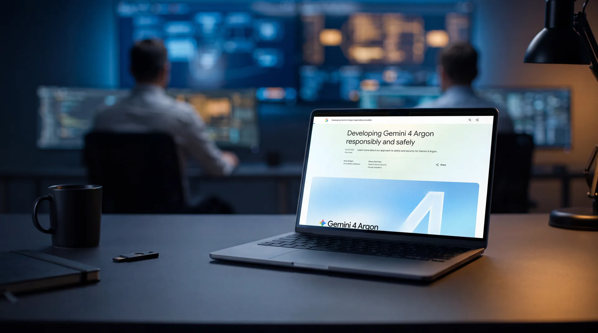 Gemini 4 Argon et cybersécurité : l'article de Google sur la sécurité du modèle ouvert sur un ordinateur, dans une salle de veille où des analystes surveillent leurs écrans, vraie capture mise en scène, 2026