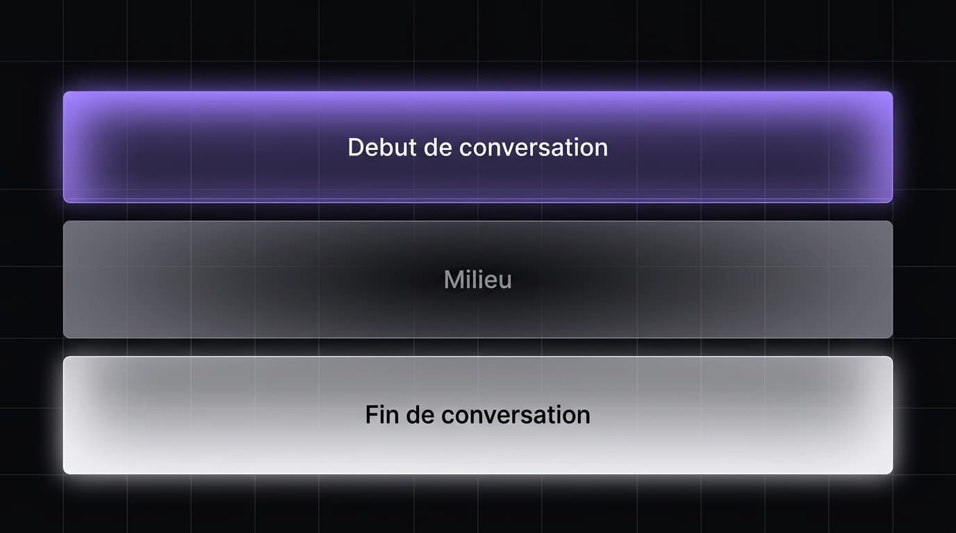 Effet lost in the middle IA : attention du modele Claude forte au debut et fin, faible au milieu de la conversation