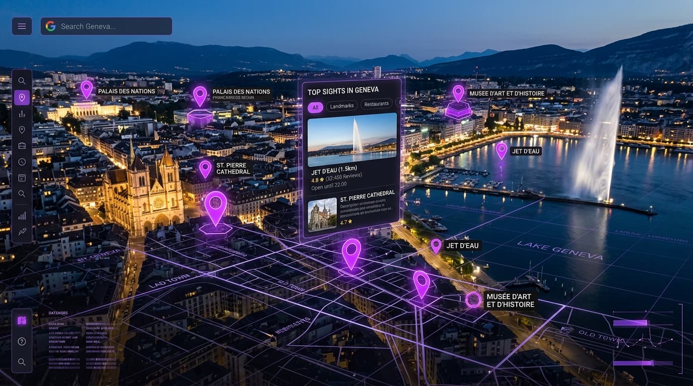 SEO local Geneve 2026 : vue aerienne de Geneve avec epingles de localisation et grille numerique pour référencement local PME