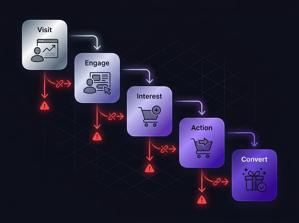 Entonnoir de conversion UX site web PME : visiteurs, leads, clients avec points de friction identifies
