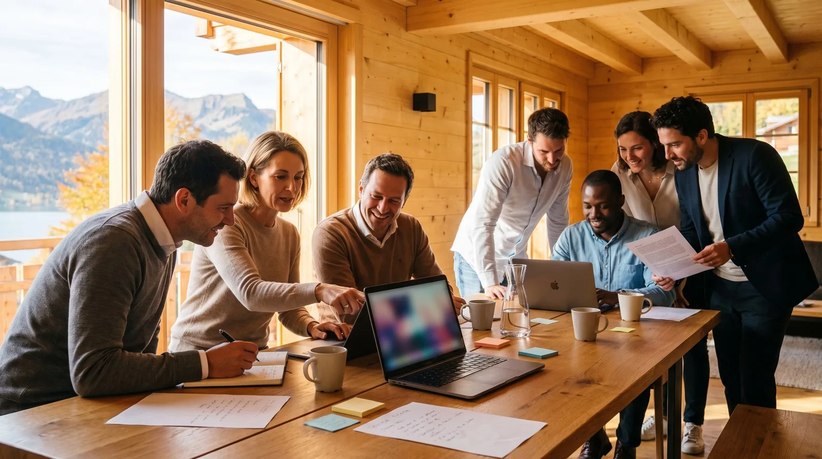 Team building IA en Suisse romande : équipe de six collaborateurs qui construisent leurs outils d'intelligence artificielle autour d'une table en bois dans un chalet, 2026