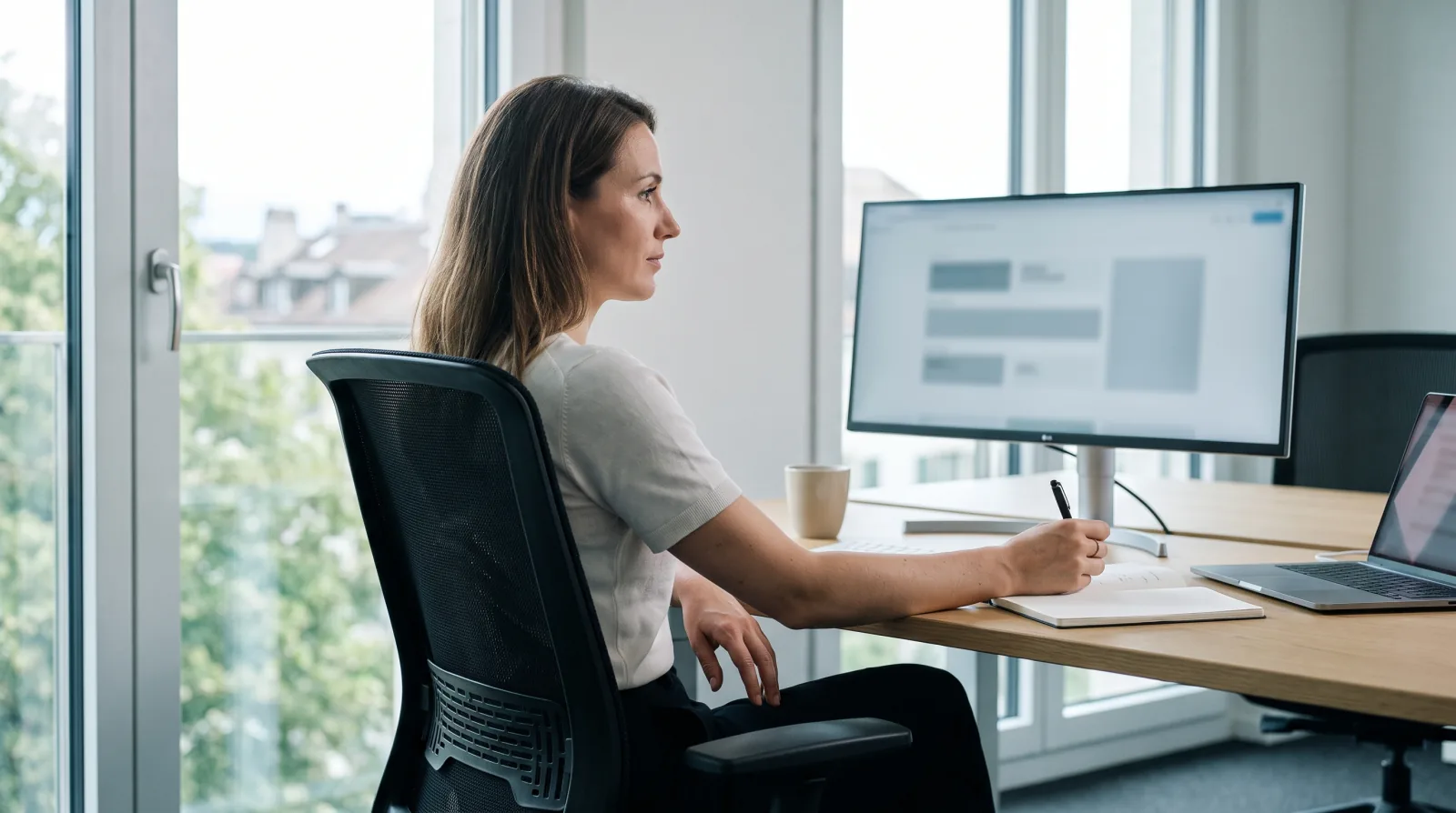 Utiliser Claude IA en 2026 : professionnelle dans un bureau genevois qui délègue une tâche à un agent Claude et suit son avancement à l'écran