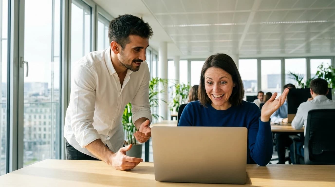 Formation Claude IA Genève : formateur DKDP accompagnant une collaboratrice qui découvre les possibilités de Claude sur son ordinateur