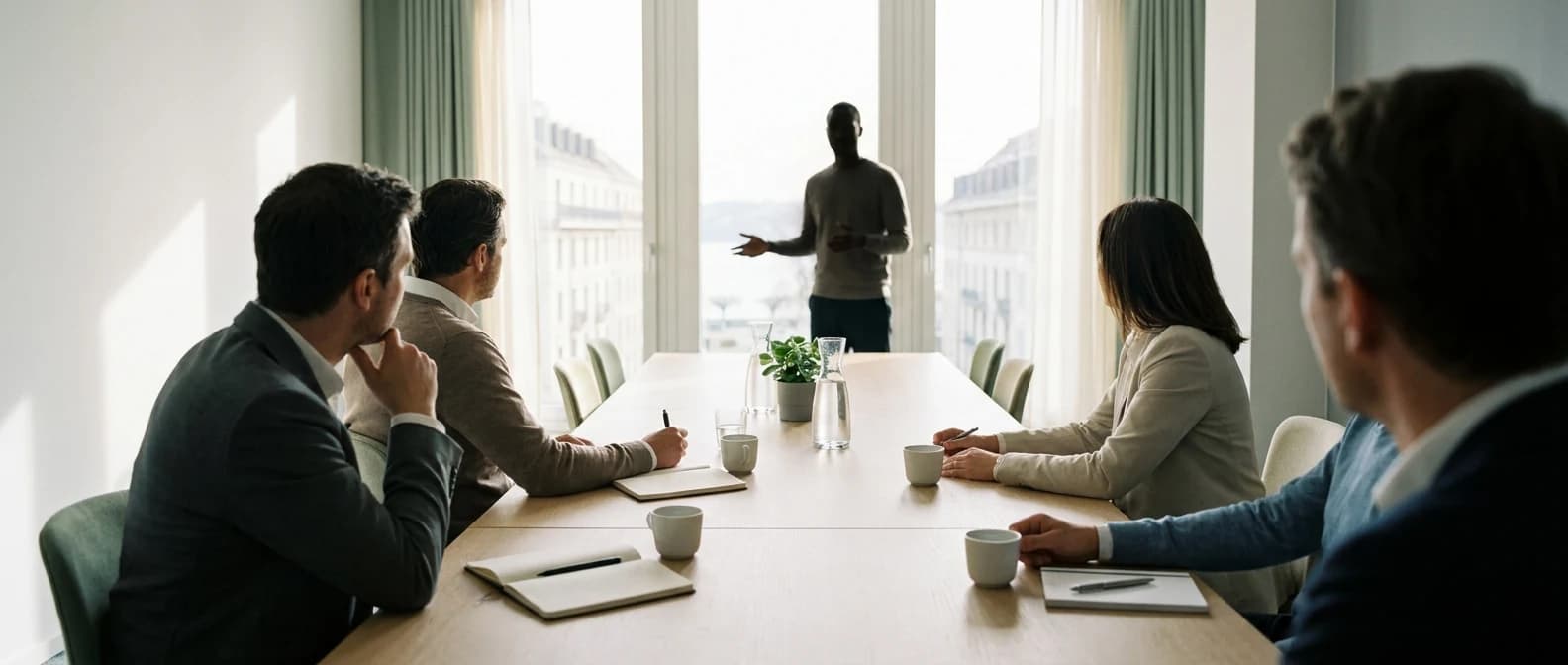 Formation IA entreprise en Suisse romande : session en salle de réunion avec une équipe de collaborateurs