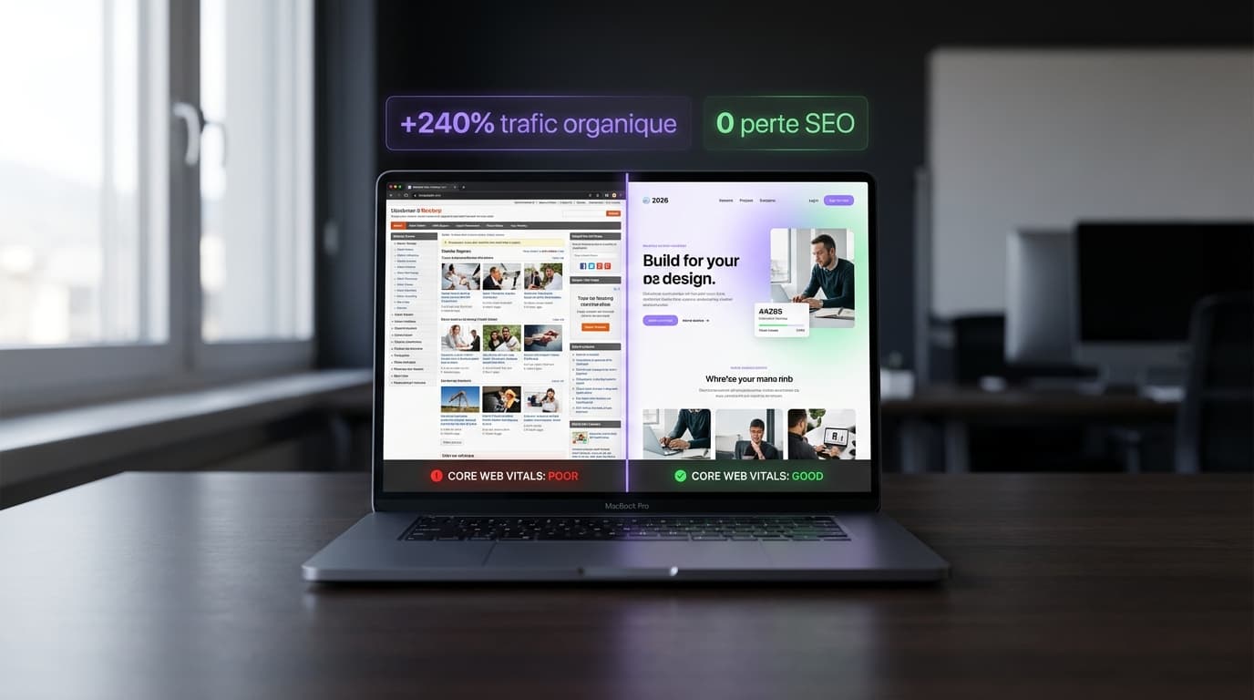 Website redesign in Geneva: before/after split-screen 2026 design with Core Web Vitals green by DKDP