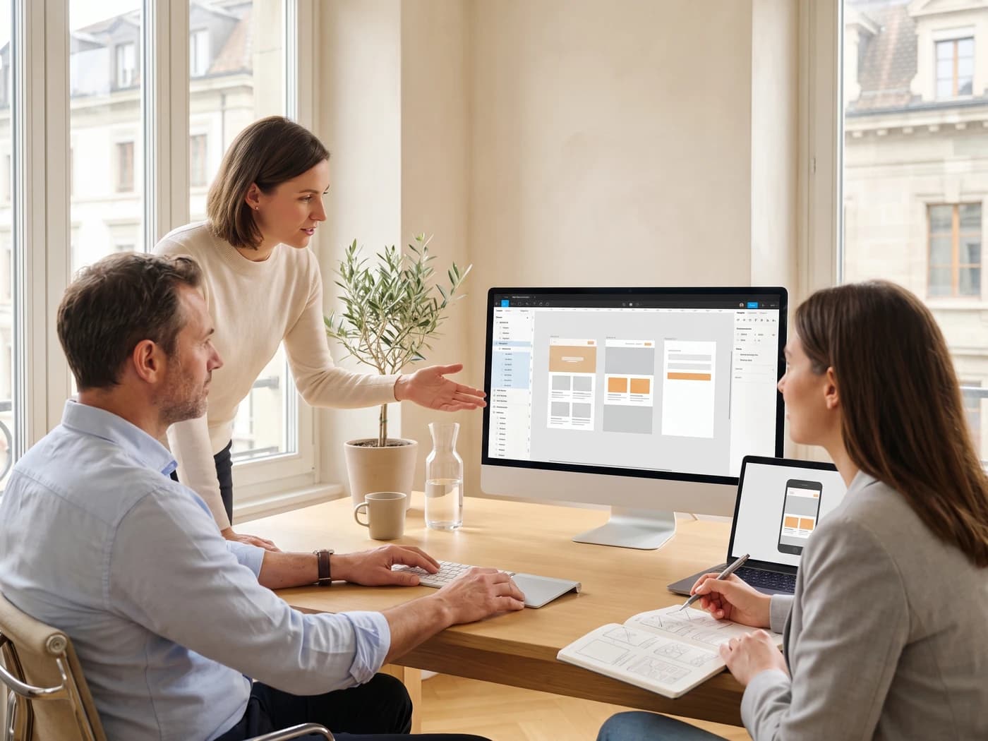 Formation Figma en entreprise à Genève : une formatrice accompagne deux collaborateurs sur des maquettes responsives