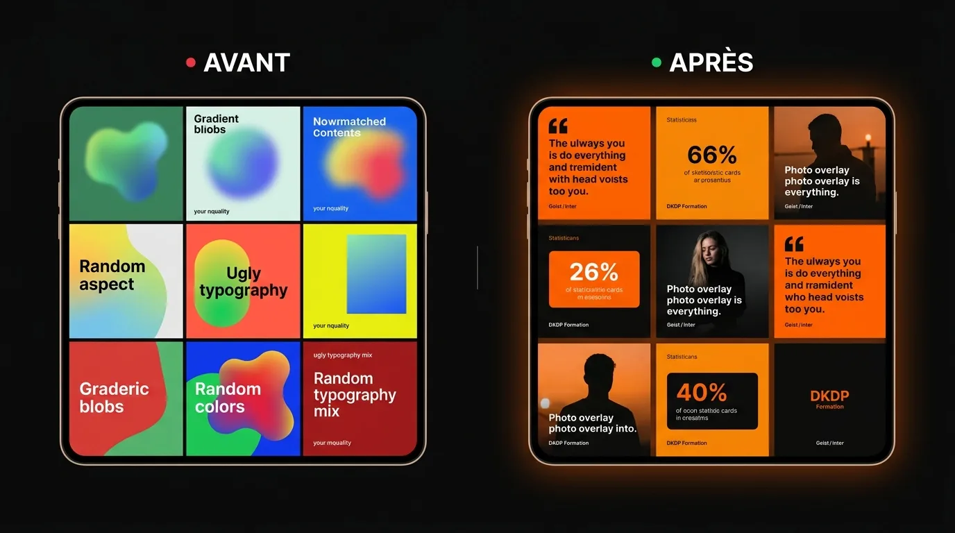 Formation réseaux sociaux Genève PME : feed Instagram avant et après formation DKDP, palette cohérente, calendrier éditorial 2026
