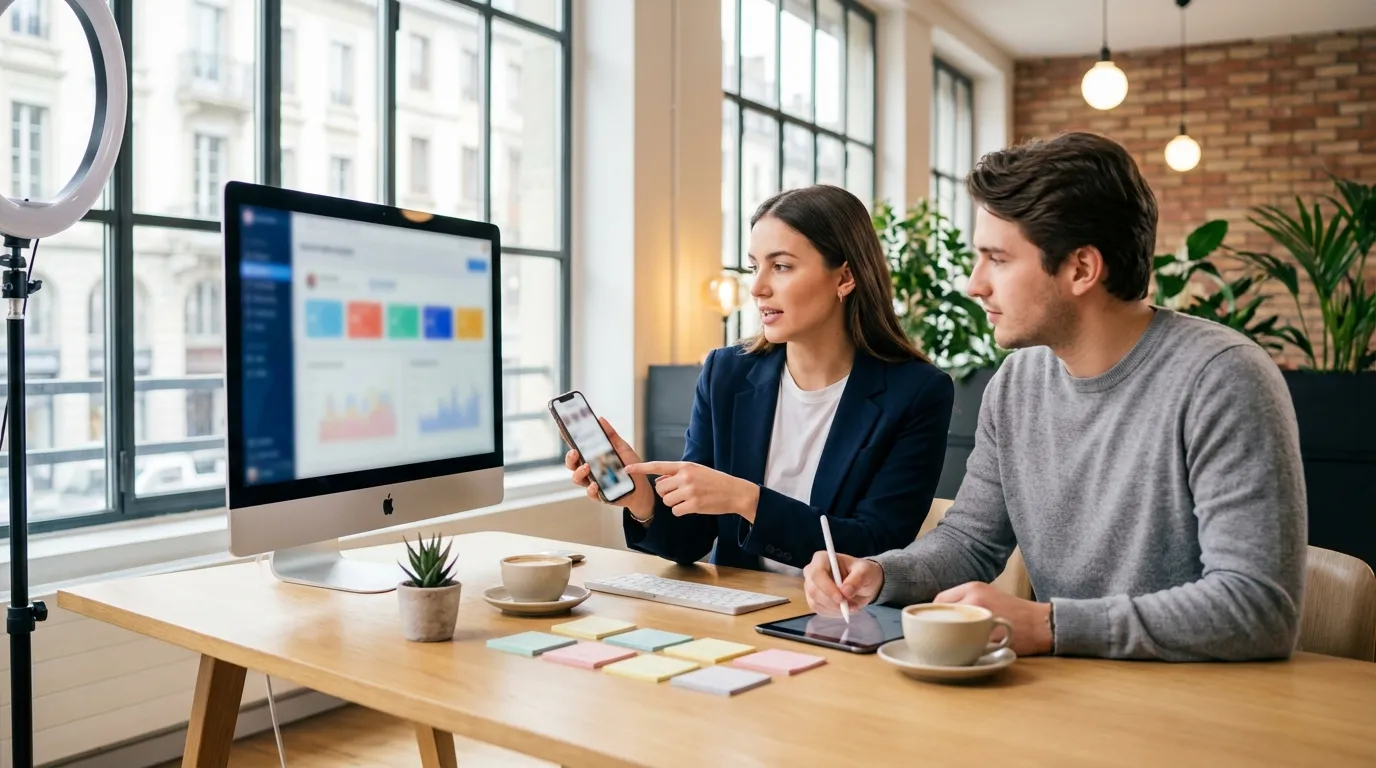 Gestion reseaux sociaux à Genève, deux professionnels analysant les performances social media
