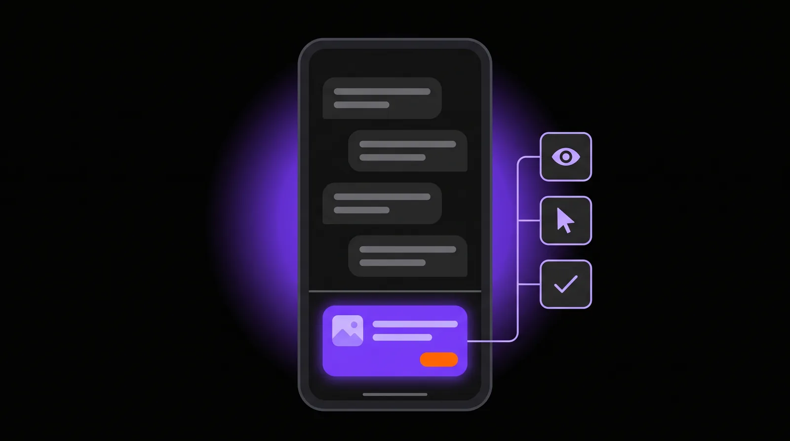 ChatGPT Ads : schéma de la carte sponsorisée affichée sous la réponse de ChatGPT sur mobile, avec les trois signaux mesurés, impression, clic et conversion, 2026