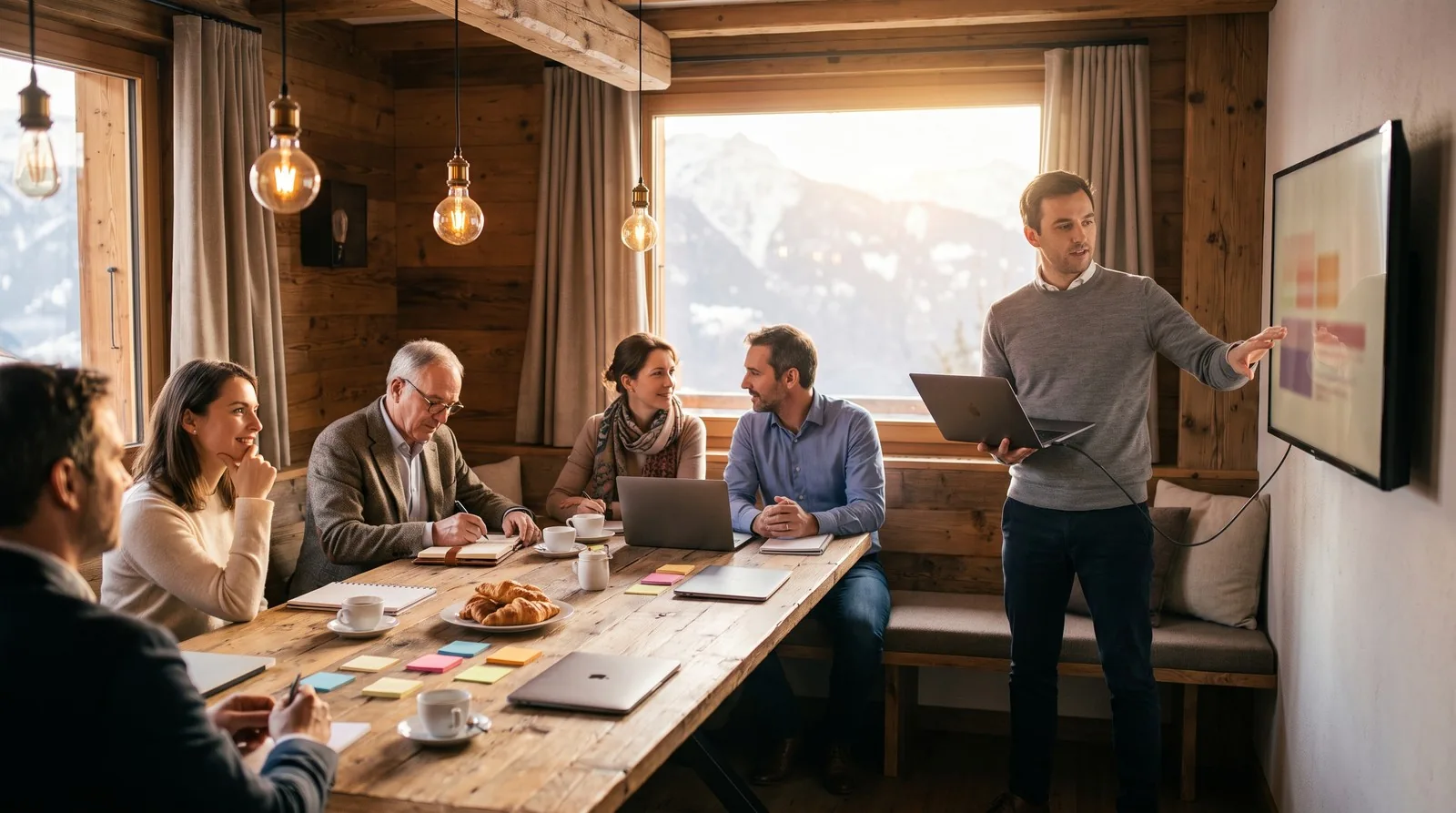 Journée de cohésion d'équipe IA : un participant présente à ses collègues l'outil que son groupe a construit dans la journée, salle de séminaire en chalet, Suisse romande