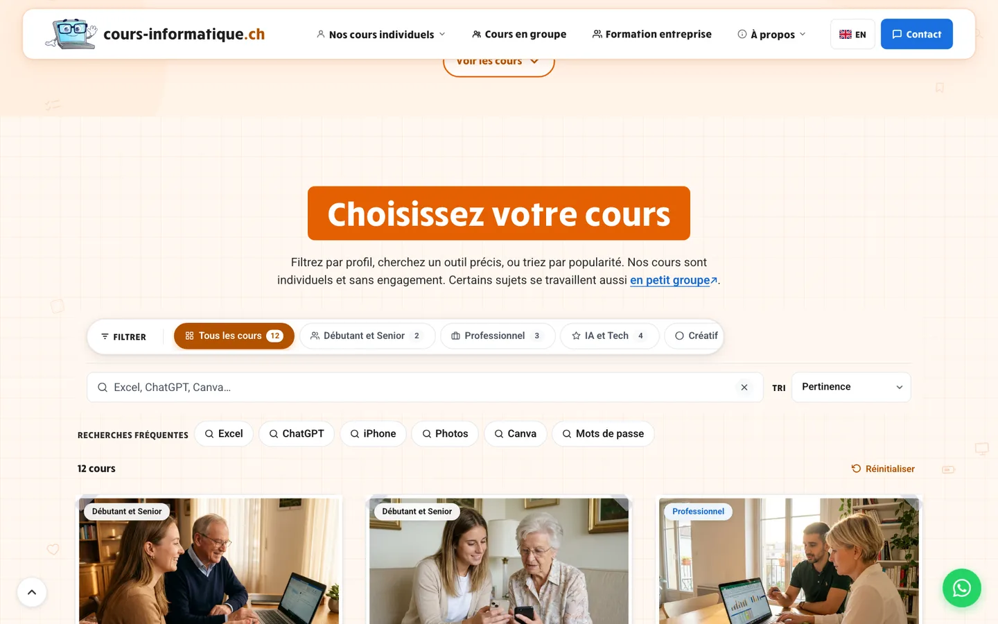 cours-informatique.ch catalogue “Choisissez votre cours”: profile filters with the number of courses, search field, frequent searches Excel, ChatGPT, iPhone, Photos, Canva and the first course cards