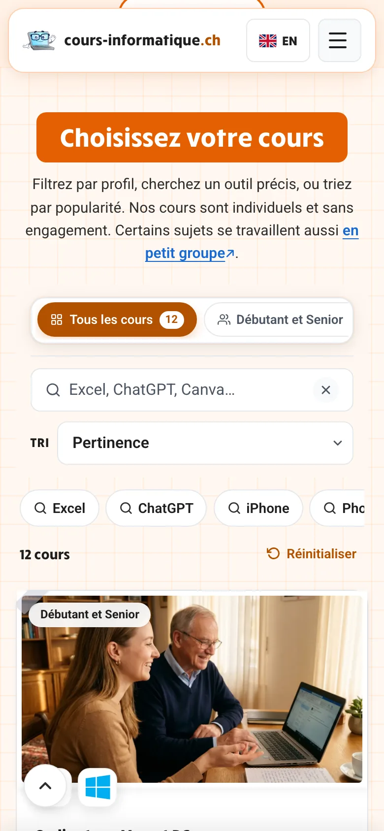 cours-informatique.ch on mobile: catalogue filters, search and sorting, then the first course card