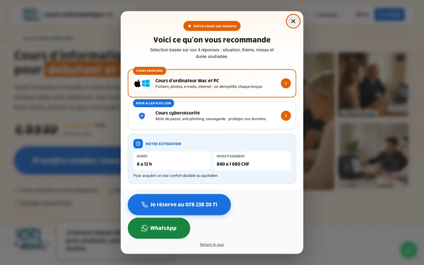 cours-informatique.ch estimator result: Mac and PC computer course recommended, cybersecurity to go further, estimate of 6 to 12 hours for CHF 840 to 1,680, phone and WhatsApp buttons