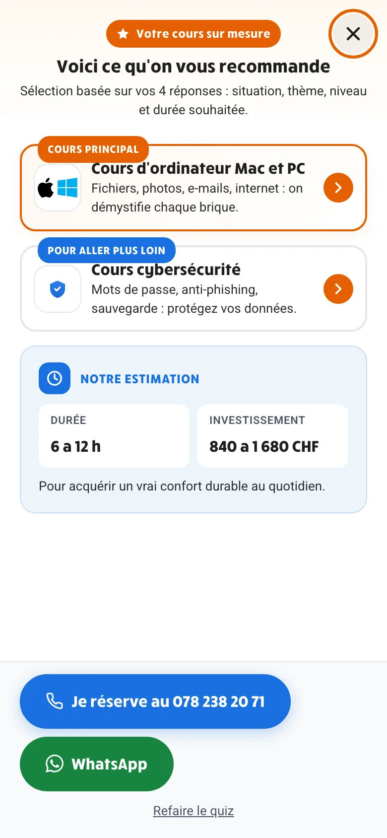 cours-informatique.ch on mobile: the same estimator result, recommended courses, duration and budget