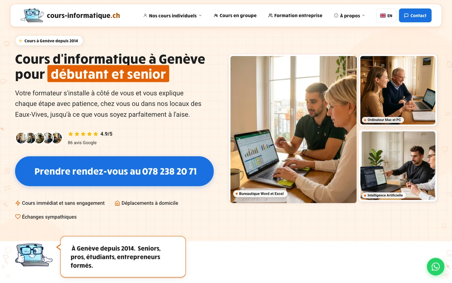cours-informatique.ch home page: headline “Cours d’informatique à Genève pour débutant et senior”, Google rating 4.9 out of 5, blue button “Prendre rendez-vous au 078 238 20 71” and three lesson photos
