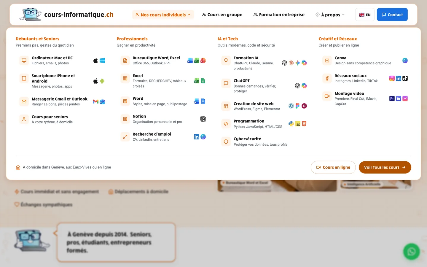 cours-informatique.ch “Nos cours individuels” menu open: four columns, beginners and seniors, professionals, AI and tech, creative and social, with tool logos