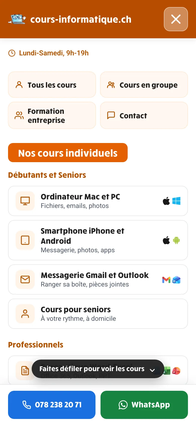 cours-informatique.ch on mobile: full-screen menu with opening hours, four shortcut tiles, the course list and the call and WhatsApp buttons at the bottom