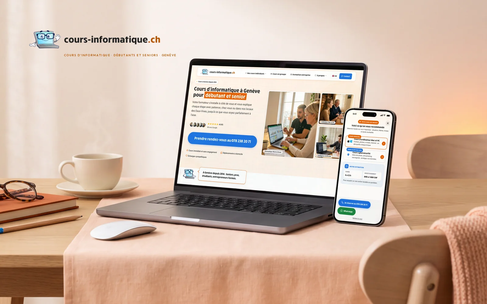 Site cours-informatique.ch sur ordinateur et téléphone : accueil « Cours d'informatique à Genève pour débutant et senior » et résultat de l'estimateur, 6 à 12 heures pour 840 à 1 680 CHF, vraies captures mises en scène sur une table de salle à manger, avec des lunettes de lecture et une tasse de thé