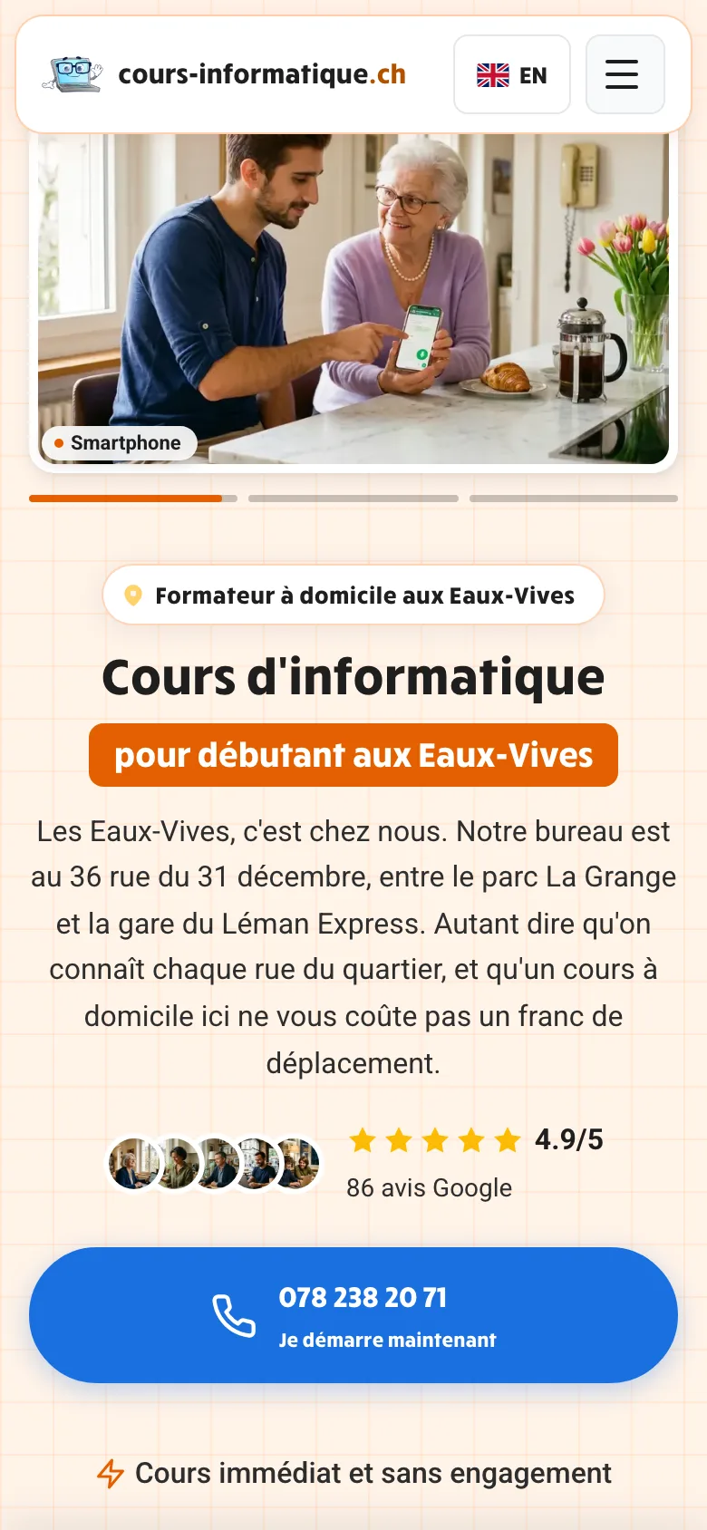 cours-informatique.ch on mobile: the Eaux-Vives page, lesson photo, headline and call button