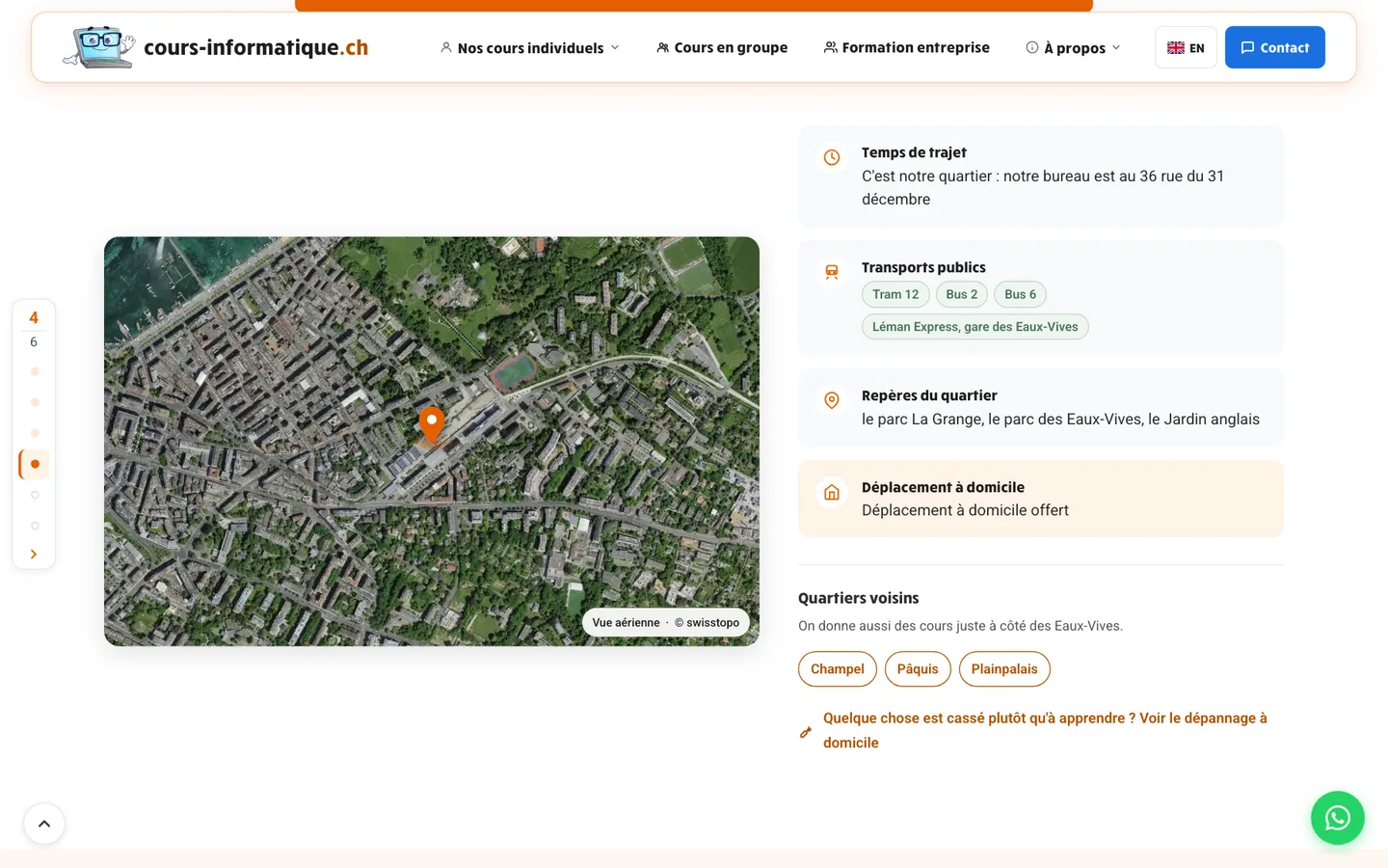 cours-informatique.ch Eaux-Vives page: swisstopo aerial view with the office marker, travel time, tram and bus lines, local landmarks, then the neighbouring areas Champel, Pâquis and Plainpalais