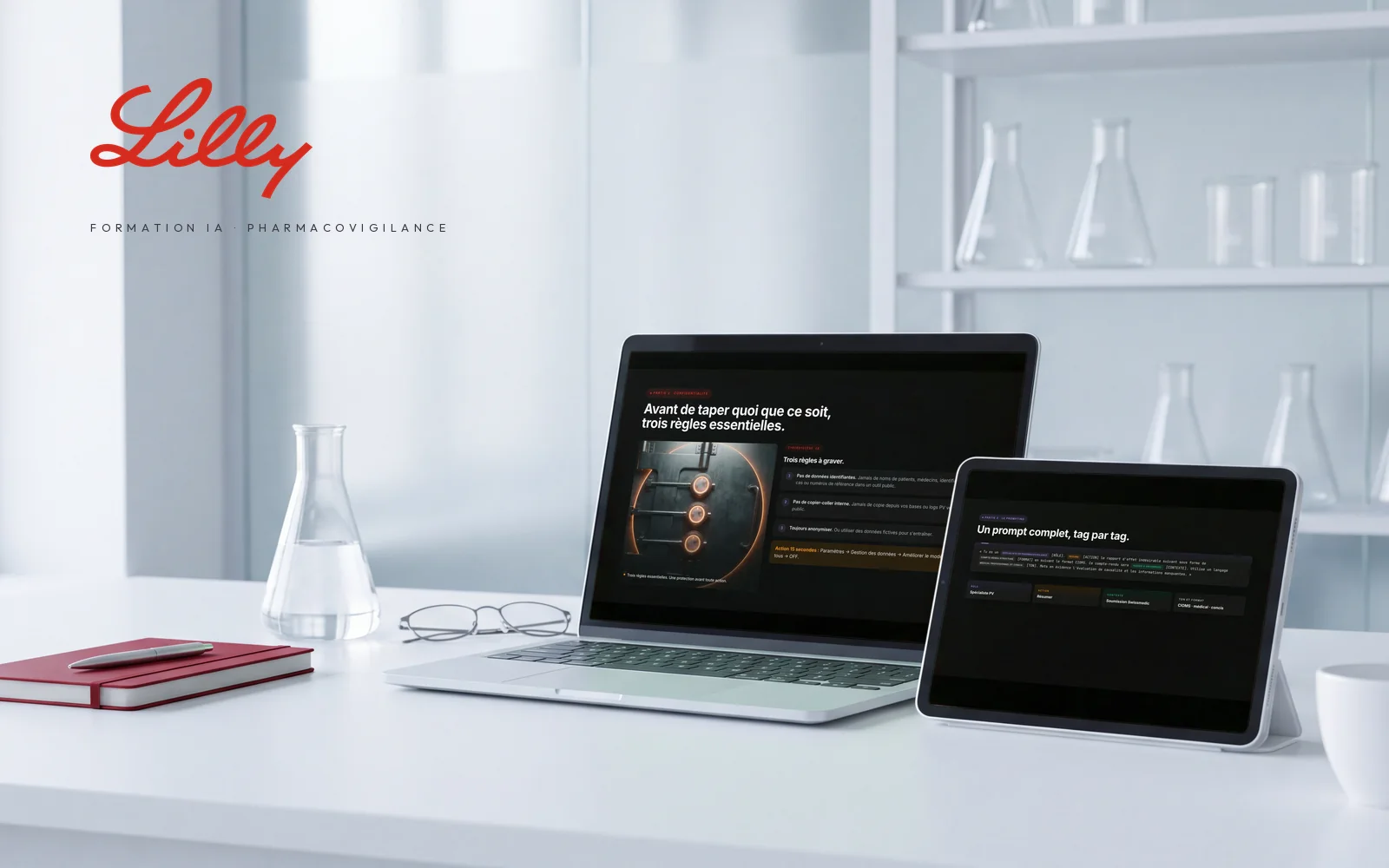 Support de la formation IA de l'équipe de pharmacovigilance de Lilly sur ordinateur et tablette : trois règles de confidentialité et un prompt décomposé, mis en scène dans un espace clinique