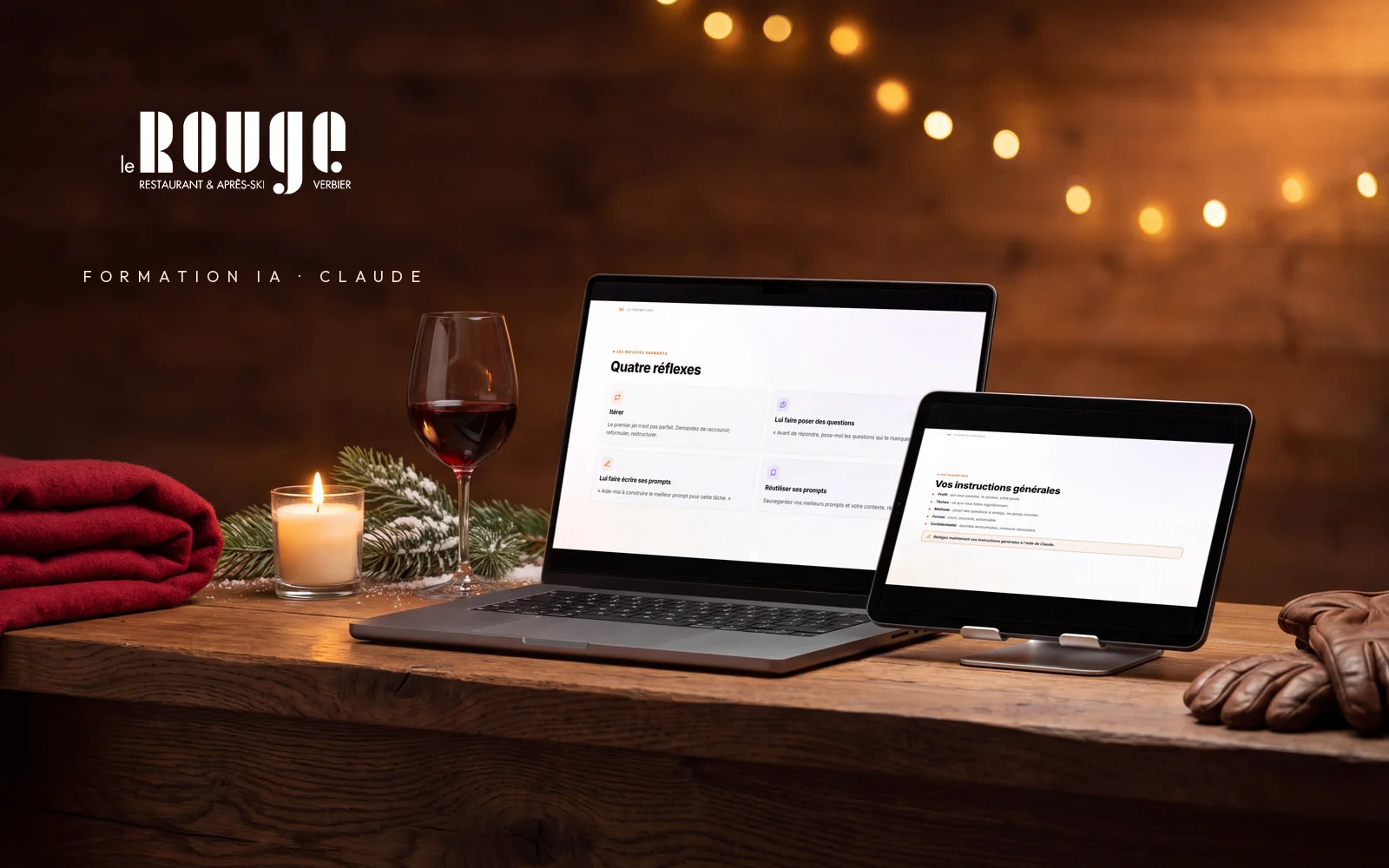 Support de la formation IA de Le Rouge, à Verbier, sur ordinateur et tablette : quatre réflexes pour bien prompter et instructions générales à rédiger avec Claude, mis en scène sur un comptoir de bar