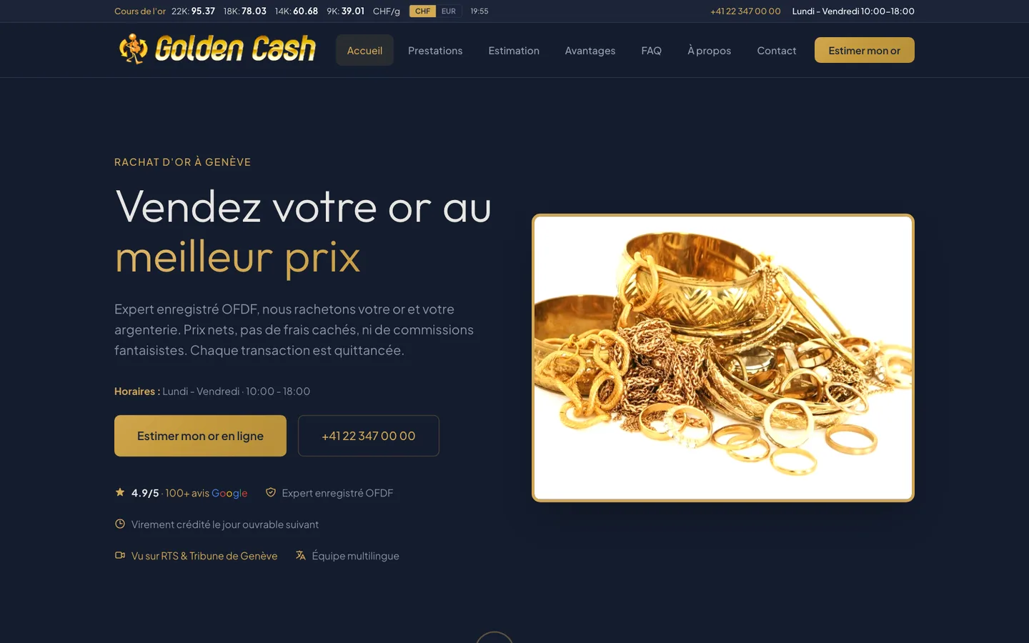 Golden Cash: first screen of the website on a computer