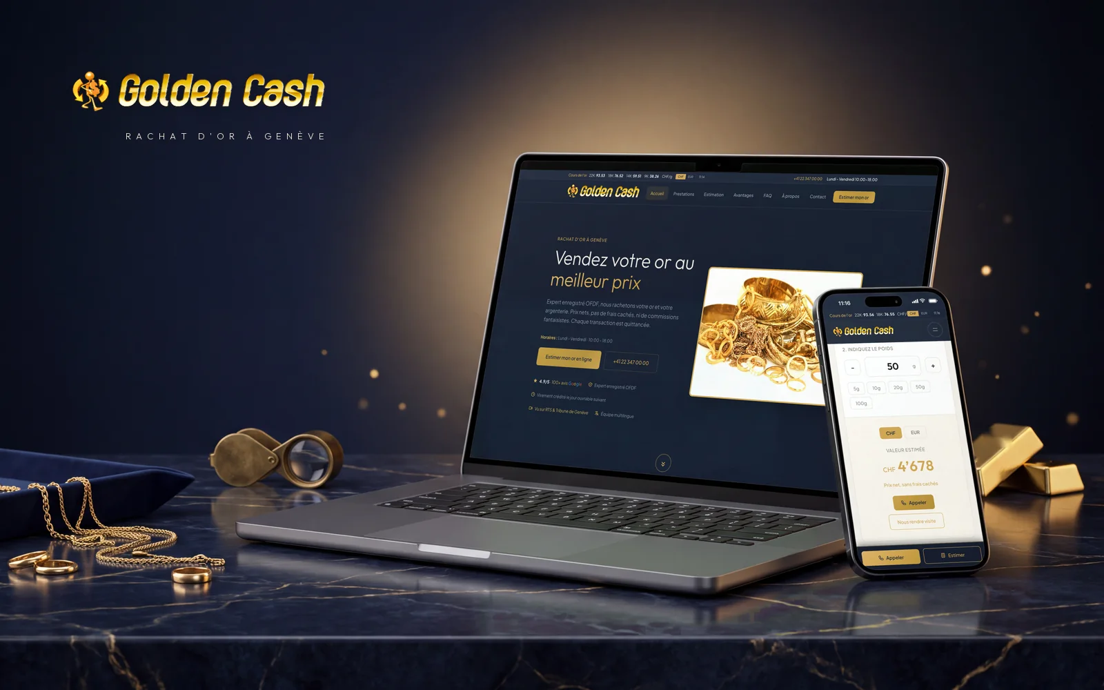 The Golden Cash website on a laptop and a phone: home page “Vendez votre or au meilleur prix” and the online estimator for 50 g of 22-carat gold, real screenshots staged on navy marble with gold jewellery